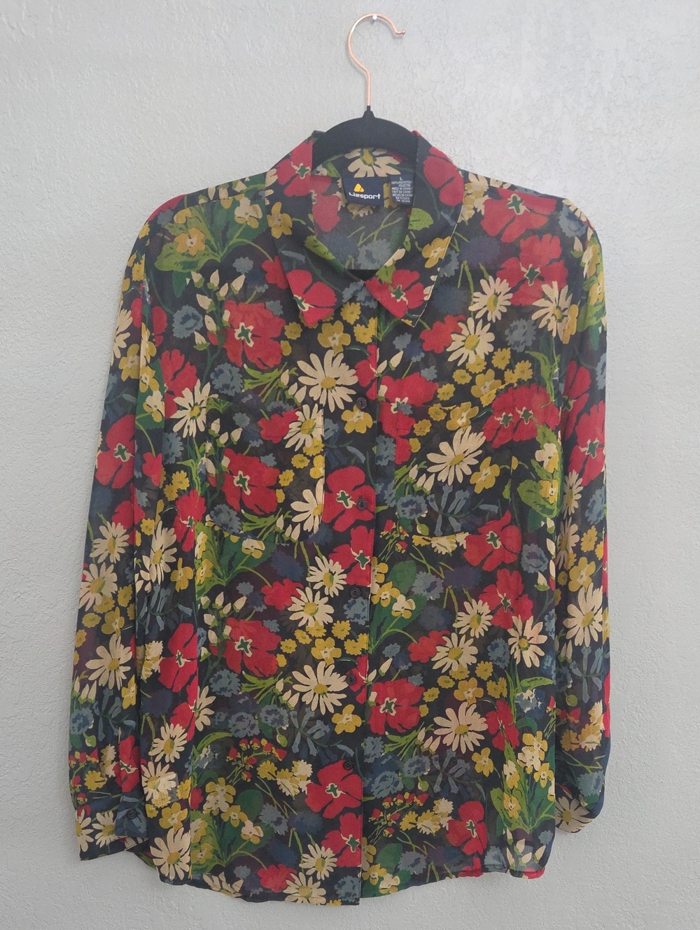 Vintage Lizsport Like New Sheer Floral Button-Down Shirt — Black Multi